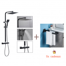 Auralum Max - Colonne Douche Thermostatique Noir Avec 9,7 Pouces Spray Supérieur Ultra-mince Pour Salle De Bain+porte Serviette Salle Bain Adhésif/