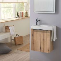 Planetebain - Pack Lave-mains Meuble Bois Strié Avec Poignée Noire Et Porte Serviette - Robinetterie Eau Froide À Gauche - L.48xh.52.5 Cm