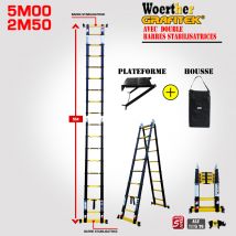 Echelle-escabeau Télescopique Woerther 5m/2m50 Avec Double Barres Stabilisatrices Plus Plateforme Et Pousse - Garantie 5 Ans - Qualité Supérieure
