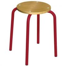 Tabouret scolaire assise ronde H46 cm - Empilable, Hêtre, Piétement Acier Rouge - Éco-responsable