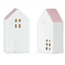 Belles Décorations Porzellan-Haus mit LED, 2er-Set x weiß-rosa