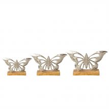 Belles Décorations Schmetterlinge auf Base aus Mangoholz, 3er Set x natur/silber