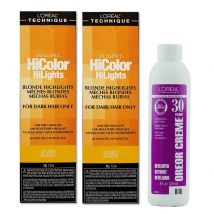 L'Oreal HiColor BLONDE HiLights For Dark Hair Only Golden Blonde - Golden Blonde(2pks) &amp; (Dev.30) 8oz, 2 Hair Colours, 9%/30 Volume Developer (8oz)