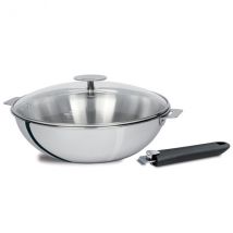 Set Cristel wok Casteline inox 28cm + couvercle verre Platine + poignée Mutine 2 noire - Couteaux du Chef - Couteaux du Chef