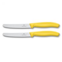 2 couteaux de table Victorinox jaunes lames crantées 11cm bout rond - Couteaux du Chef