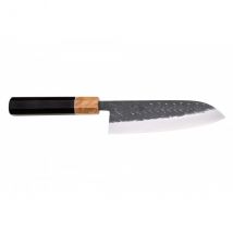 Couteau Yuzo Black japonais santoku 16,5cm acier SLD brut martelé mitre olivier - Couteaux du Chef