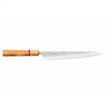 Couteau Yuzo SLD modèle sujihiki 24cm martelé olivier et redwood - Couteaux du Chef