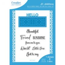 Creative Craft Products Die & A6 Stamp Set A2 Additions Hello Word Panel & Sentiments | Set of 10