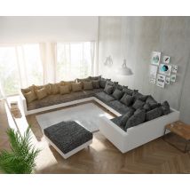Wohnlandschaft Clovis XXL Weiss Schwarz mit Hocker und Armlehne Ottomane Links
