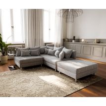 Ecksofa Clovis Hellgrau Strukturstoff Hocker Ottomane Rechts Modulsofa