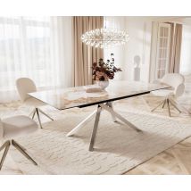 Esstisch Edge 180-220x100 Keramik Minas Melange Weiß-Beige Kreuzgestell Rechteck Edelstahl ausziehbar