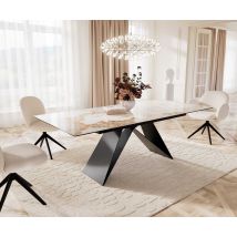 Esstisch Edge 180-220x100 Keramik Minas Melange Weiß-Beige V-Gestell Flachstahl Schwarz ausziehbar