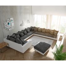 Wohnlandschaft Clovis XXL Weiss Schwarz mit Hocker und Armlehne Ottomane Rechts