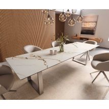 Esstisch Edge 300x100 Keramik Calacatta Luxe Weiß-Gold-Grau Edelstahl Schmal