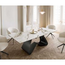 Esstisch Edge 180-220x100 Keramik Calacatta Luxe Weiß-Gold-Grau W-Gestell Schwarz ausziehbar