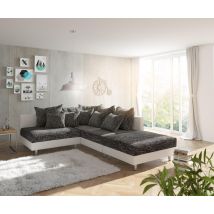 Ecksofa Clovis Weiss Schwarz mit Hocker Ottomane Rechts modular