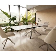Esstisch Edge 200-300x100 Keramik Calacatta Luxe Weiß-Gold-Grau Kreuzgestell Rechteck Edelstahl ausziehbar