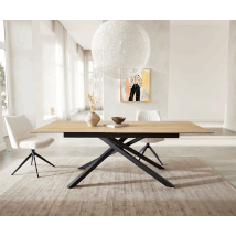Esstisch Edge 180-220x100 Keramik Laminam® Sabbia Eichefarbig Kreuzgestell Rechteck Schwarz ausziehbar