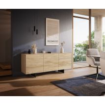 Sideboard Cuor 180 cm Keramik Laminam® Sabbia Eichefarbig 2 Türen 3 Schubfächer Fuß Schwebeoptik Metall Schwarz