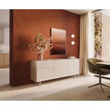 Sideboard Cuor 180 cm Keramik Laminam® Travertino Bianco Creme-Weiß 2 Türen 3 Schubfächer Fuß Schwebeoptik Acrylglas