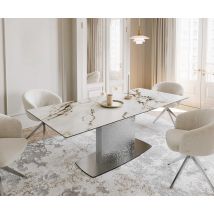 Esstisch Edge 180-220x100 Keramik Calacatta Luxe Weiß-Gold-Grau Wave Edelstahl ausziehbar