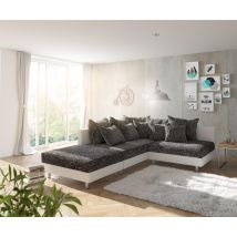 Ecksofa Clovis Weiss Schwarz mit Hocker Ottomane Links