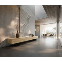 Lowboard Cuor 250 cm Keramik Laminam® Sabbia Eichefarbig 1 Klappe 1 Schubfach Fuß Schwebeoptik Metall Schwarz