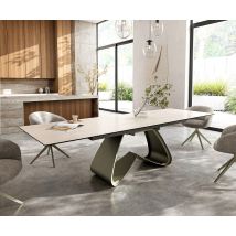Esstisch Edge 200-300x100 Keramik Laminam® Travertino Bianco Creme-Weiß W-Gestell Effektfinish Titan ausziehbar