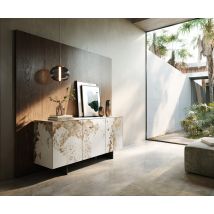 Sideboard Cuor 150 cm Keramik Minas Melange Weiß-Beige 3 Türen Fuß Schwebeoptik Metall Schwarz