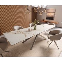 Esstisch Edge 300x100 Keramik Calacatta Luxe Weiß-Gold-Grau Kreuzgestell Rechteck Edelstahl