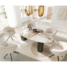 Esstisch Edge Oval 220x120 Keramik Minas Melange Weiß-Beige Troa Metall Effektfinish Titan