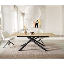 Esstisch Edge 180-220x100 Keramik Laminam® Sabbia Eichefarbig Kreuzgestell Rechteck Schwarz ausziehbar