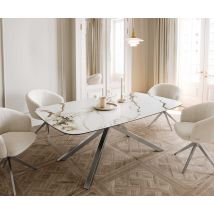 Esstisch Edge Boot 200x100 Keramik Calacatta Luxe Weiß-Gold-Grau Kreuzgestell Rechteck Edelstahl