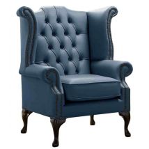 Chesterfield Queen Anne High Back Wing Chair Shelly Majolica Blue Leather