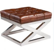 Buttoned Distressed Leather Metal Cross Footstool Ottoman