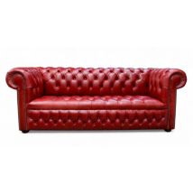 Chesterfield 3 Seater Settee Buttoned Seat Old English Crimson Leather Sofa