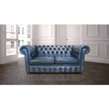 Chesterfield 2 Seater Sofa Antique Blue Real Leather