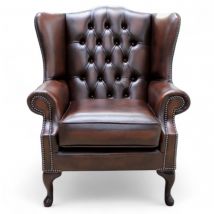 Chesterfield Mallory Flat Wing Queen Anne High Back Wing Chair Antique Brown Real Leather