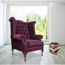 Chesterfield Fabric Queen Anne High Back Wing Chair Aubergine Velvet