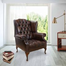 Chesterfield Mallory Buttoned Seat Flat Wing Queen Anne High Back Wing Chair UK Manufactured Antique Brown