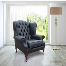 Chesterfield Mallory Flat Wing Queen Anne High Back Wing Chair UK Manufactured Black Leather