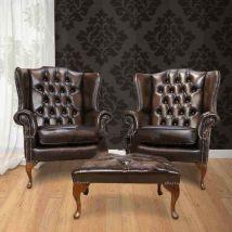 Chesterfield Offer Pair Mallory Flat Wing High Back Armchair Footstool