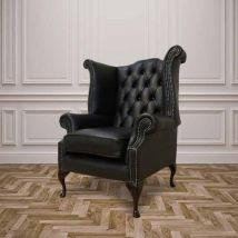 Chesterfield Queen Anne High Back Wing Chair Shelly Black Leather