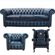 Chesterfield 3 Piece Leather Suite Three Seater Sofa + Queen…