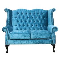 Chesterfield 2 Seater Queen Anne High Back Wing Sofa Chair Modena Peacock Blue Velvet