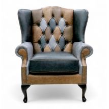 Chesterfield Bloomsbury Patchwork Queen Anne Wing Chair Vintage Cracked Wax Leather