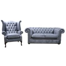 Chesterfield 2 Seater Sofa + Queen Anne Chair Cracked Wax Ash Grey Leather Sofa Suite