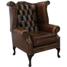 Chesterfield Queen Anne High Back Wing Chair Antique Tan Leather