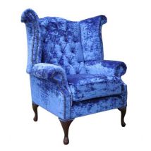 Chesterfield Queen Anne High Back Wing Chair Modena Blueberry Blue Velvet