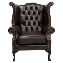 Chesterfield Queen Anne Wing Chair Antique Brown Leather